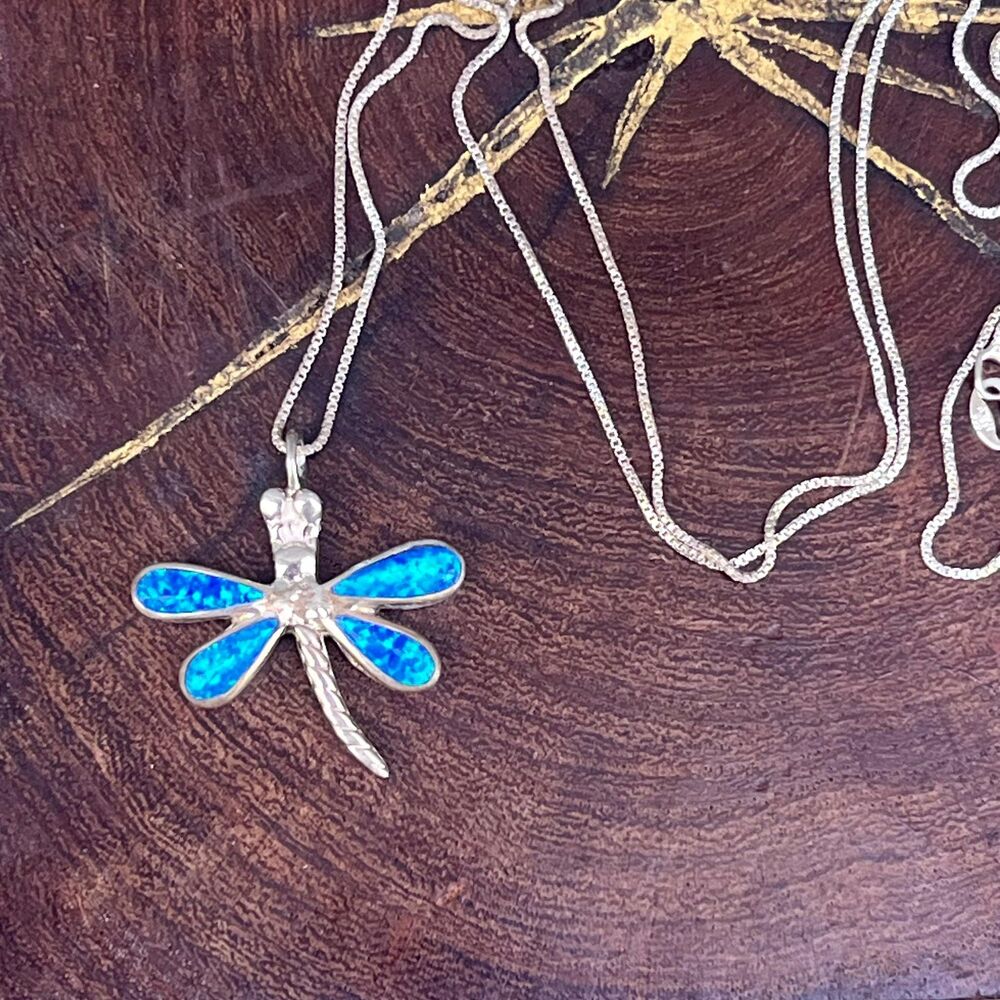 Blue Opal Dragonfly Necklace Vintage Jewelry fairycore